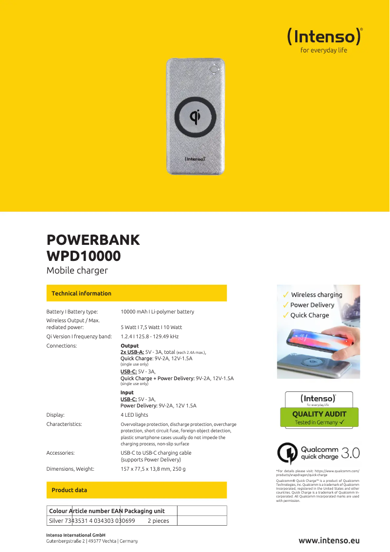 Page 1 de la notice Fiche technique Intenso WPD10000