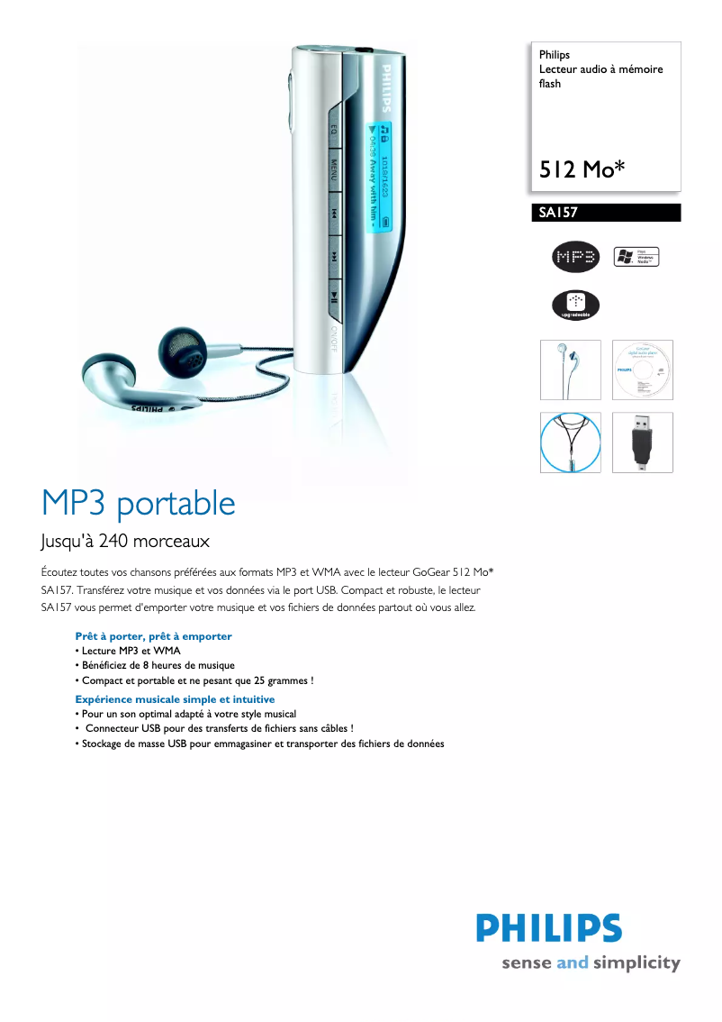 Page 1 of the manual Technical Sheet Philips GoGear SA157