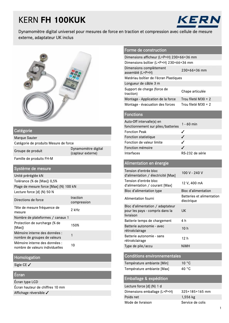 Page 1 de la notice Fiche technique Kern FH 100KUK