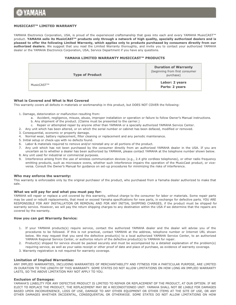 Page 1 de la notice Informations de garantie Yamaha XDA-AMP5400RK