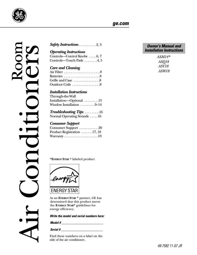 Page n°1 - Guide d'installation GE ASM14AL