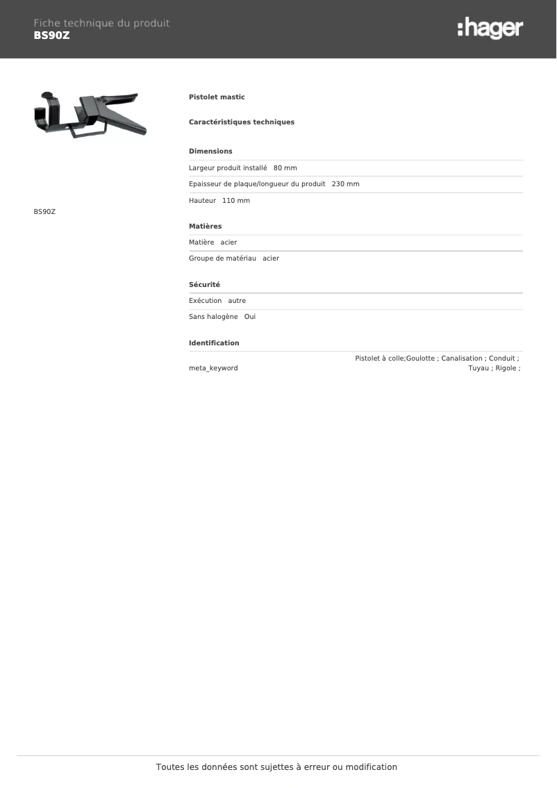 Page 1 de la notice Fiche technique Hager BS90Z