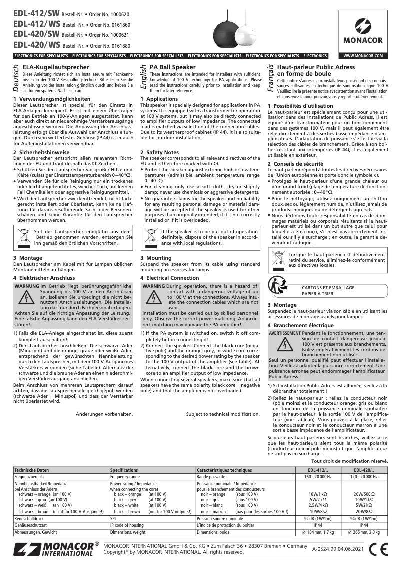 Page 1 de la notice Manuel utilisateur Monacor EDL-412/SW