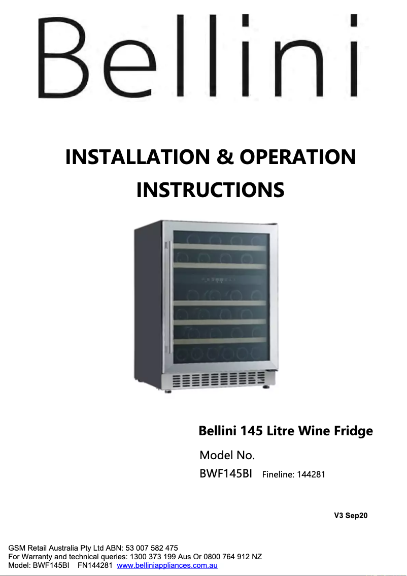 Page 1 de la notice Manuel utilisateur Bellini BWF145BI