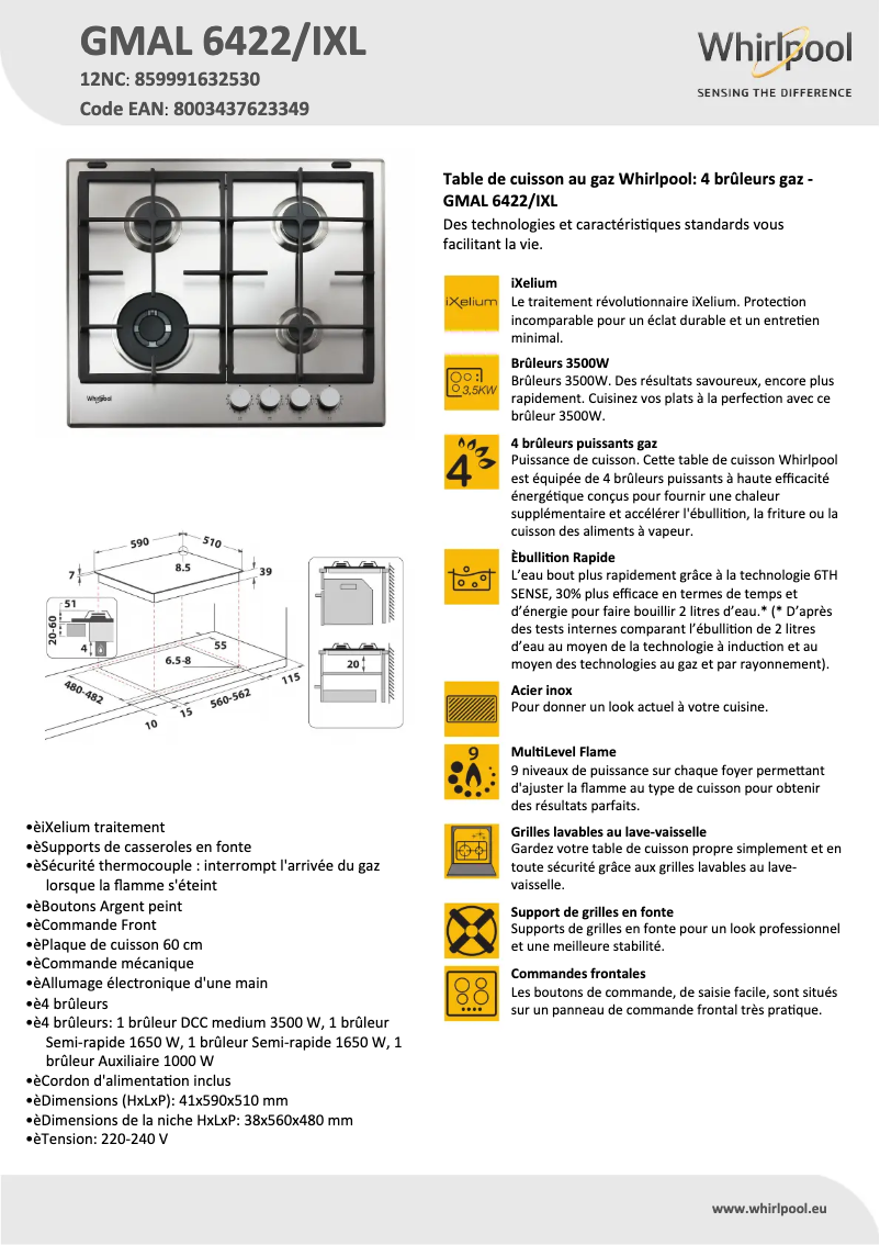 Página 1 del manual Ficha técnica Whirlpool GMAL 6422/IXL