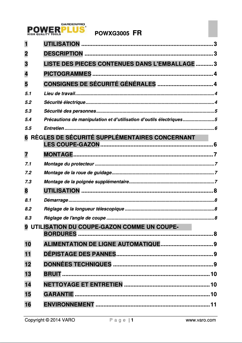 Page 1 de la notice Manuel utilisateur PowerPlus POWXG3005