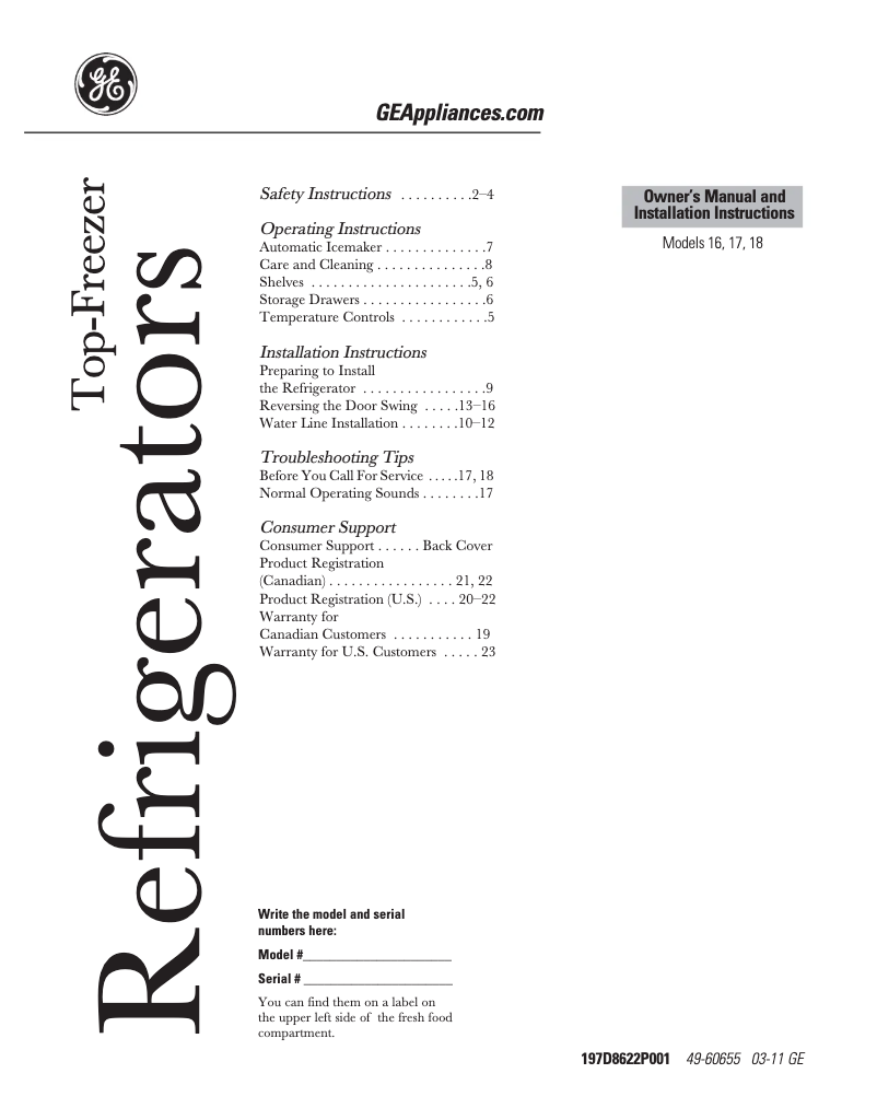 Page n°1 - Manuel utilisateur GE GTH18ECCWW