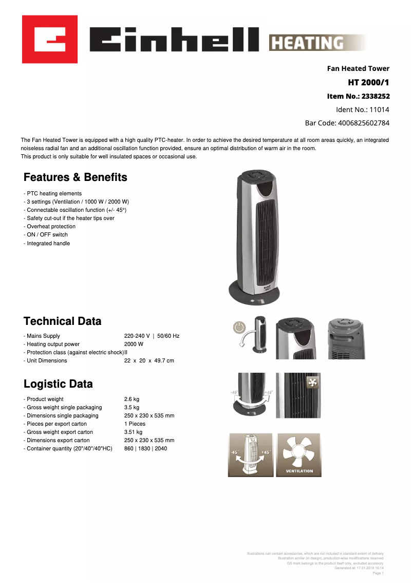 Page 1 de la notice Fiche technique Einhell HT 2000/1