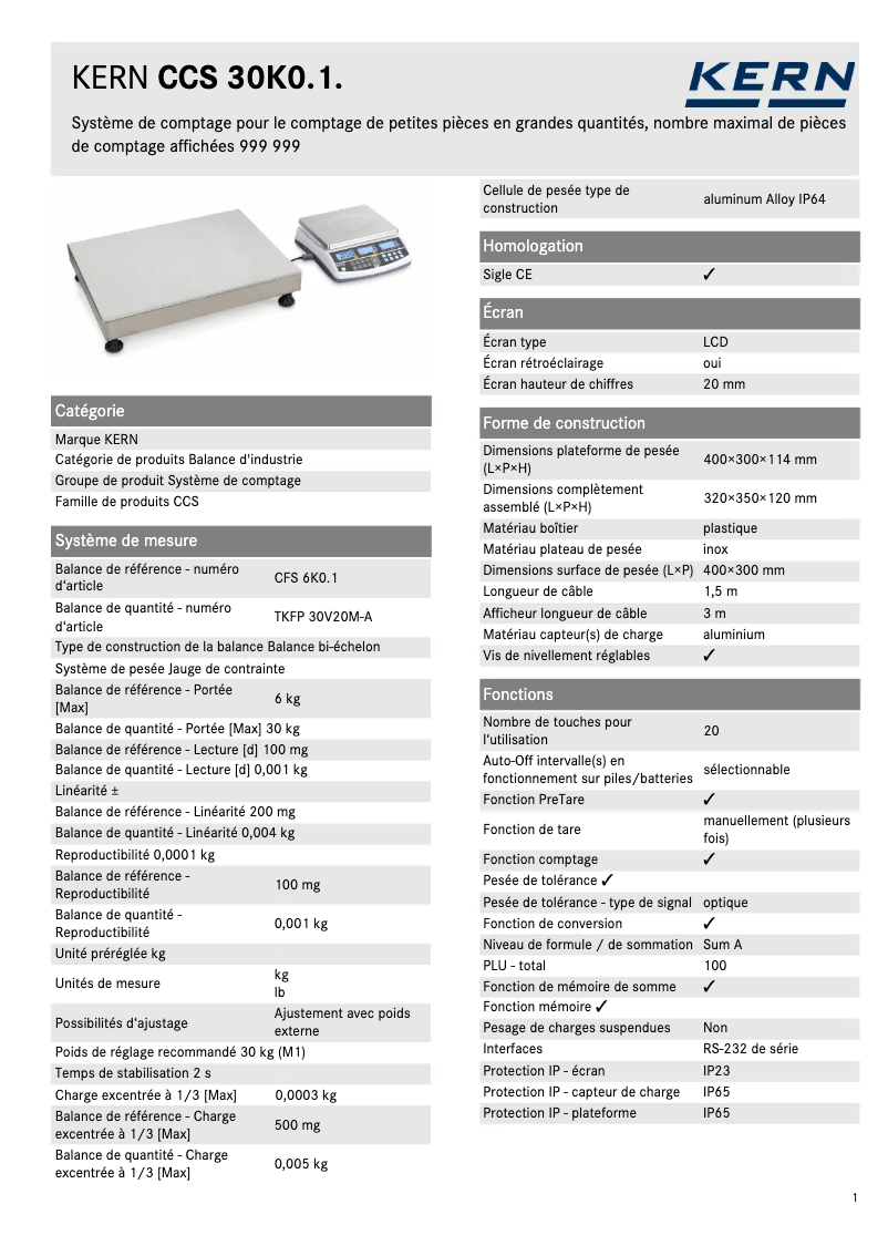 Página 1 del manual Ficha técnica Kern CCS 30K0.1