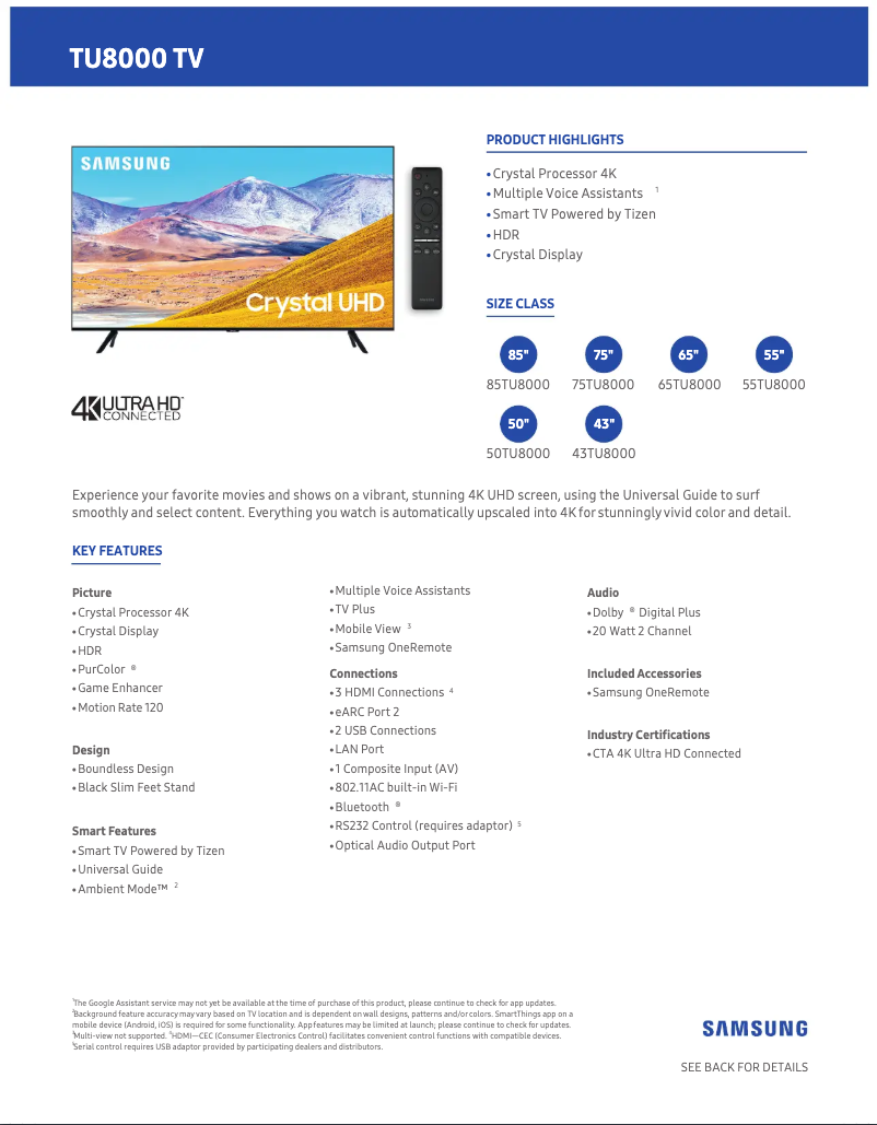 Page 1 de la notice Fiche technique Samsung UN50TU8000FXZA