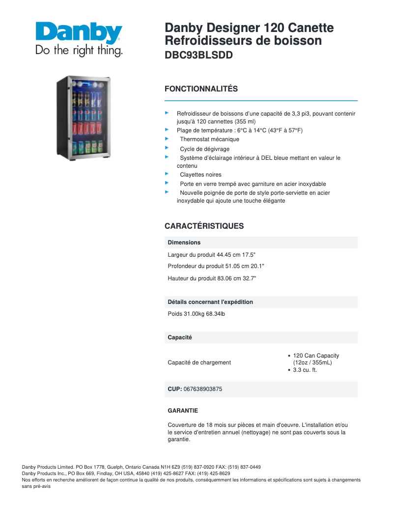 Page 1 de la notice Fiche technique Danby DBC93BLSDD