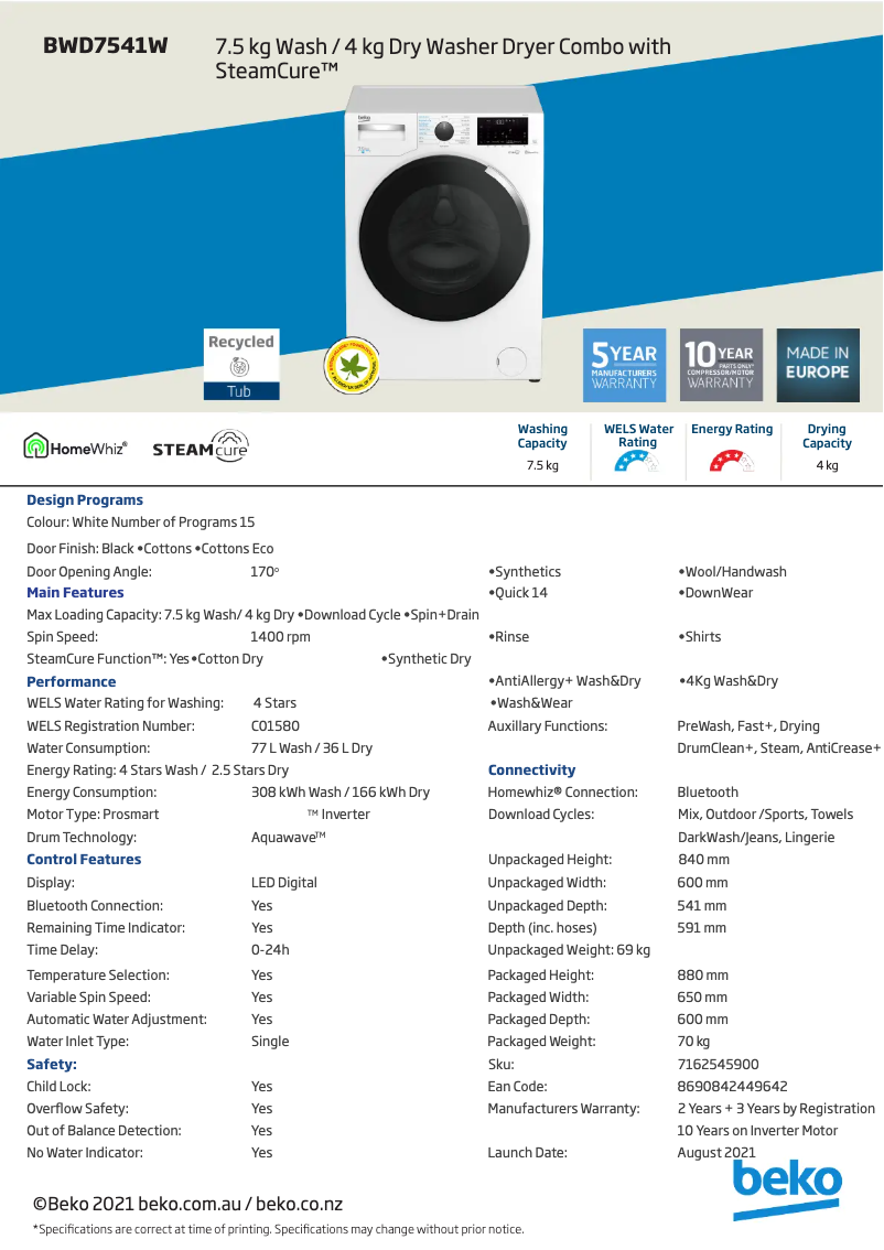 Page 1 de la notice Fiche technique Beko BWD7541W