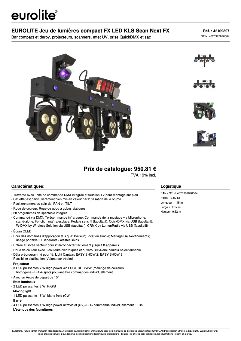 Page 1 de la notice Fiche technique Eurolite LED KLS Scan Next FX