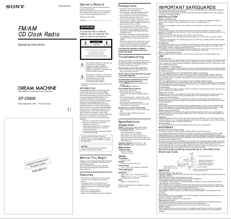 Page 1 de la notice Manuel utilisateur Sony ICF-CD830