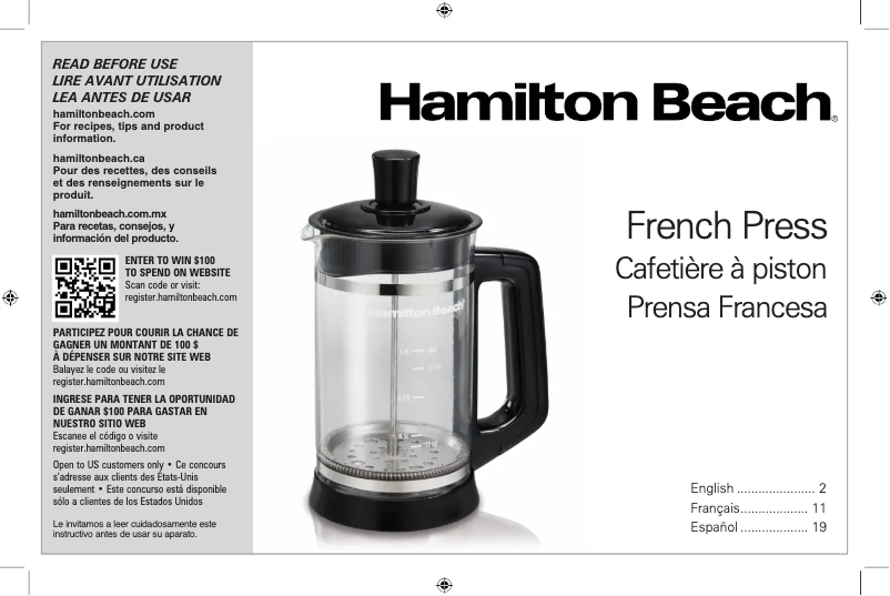 Page 1 of the manual Use and Maintenance Manual Hamilton Beach French Press 40400R