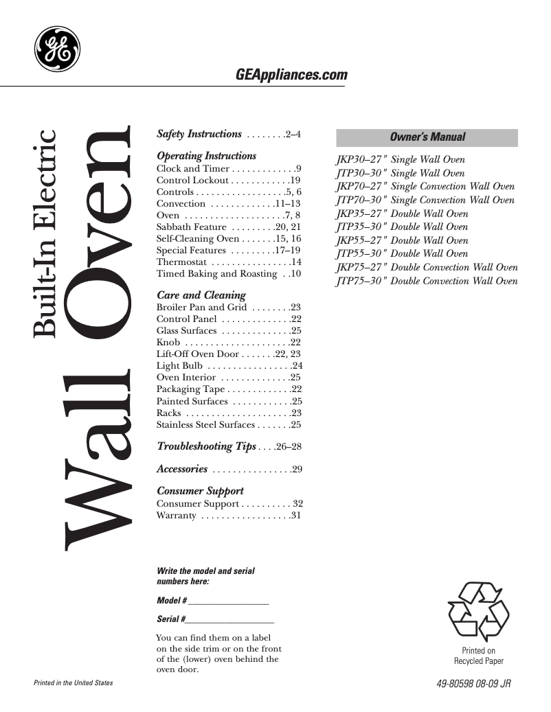 Page 1 de la notice Manuel d'utilisation et d'entretien GE JKP70WMWW