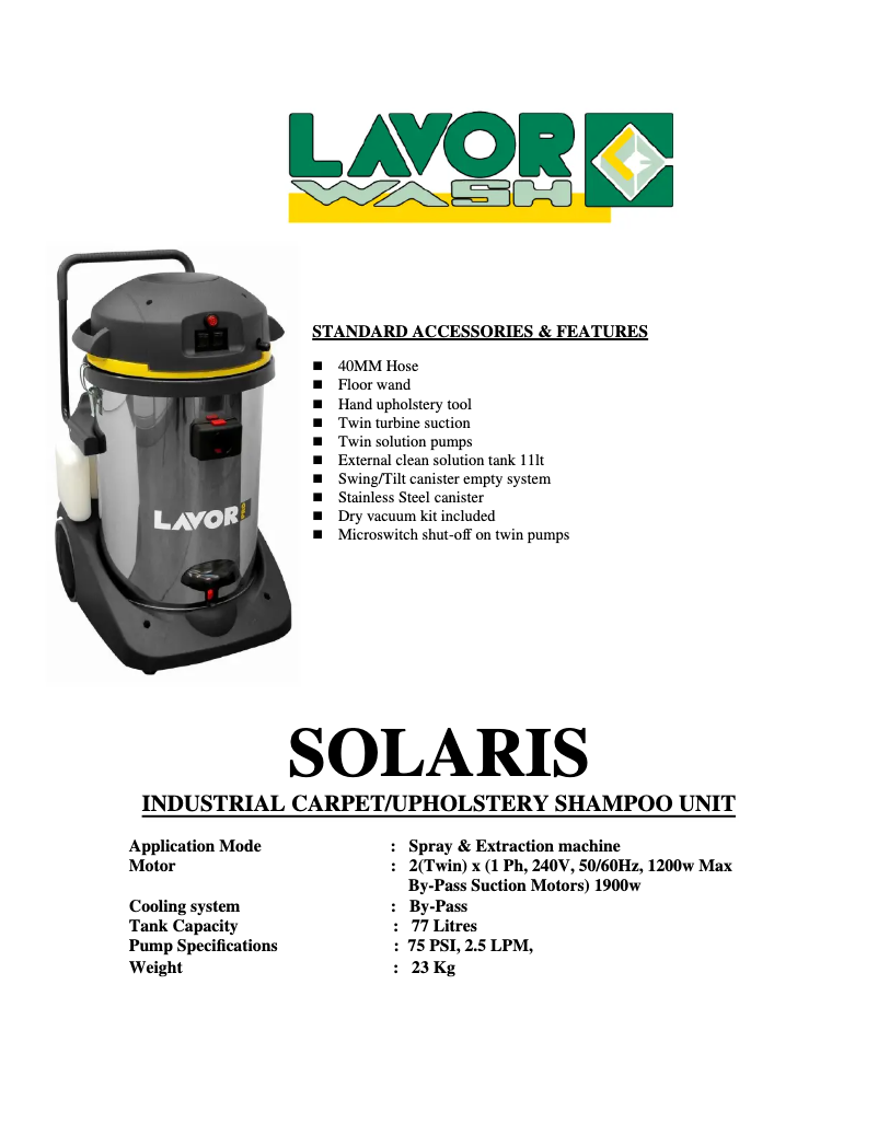 Page 1 de la notice Fiche technique Lavorwash Solaris