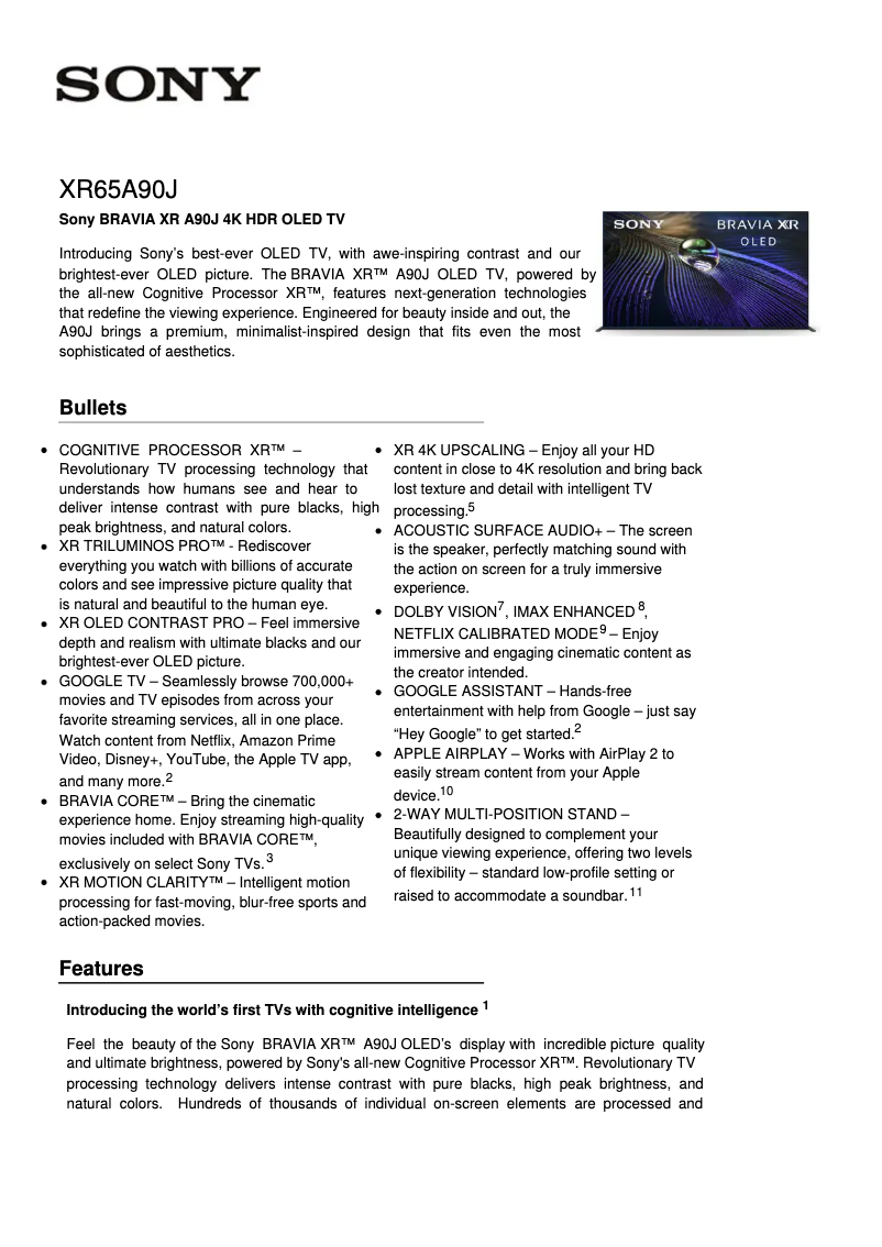 Page 1 de la notice Fiche technique Sony Bravia XR-65A90J