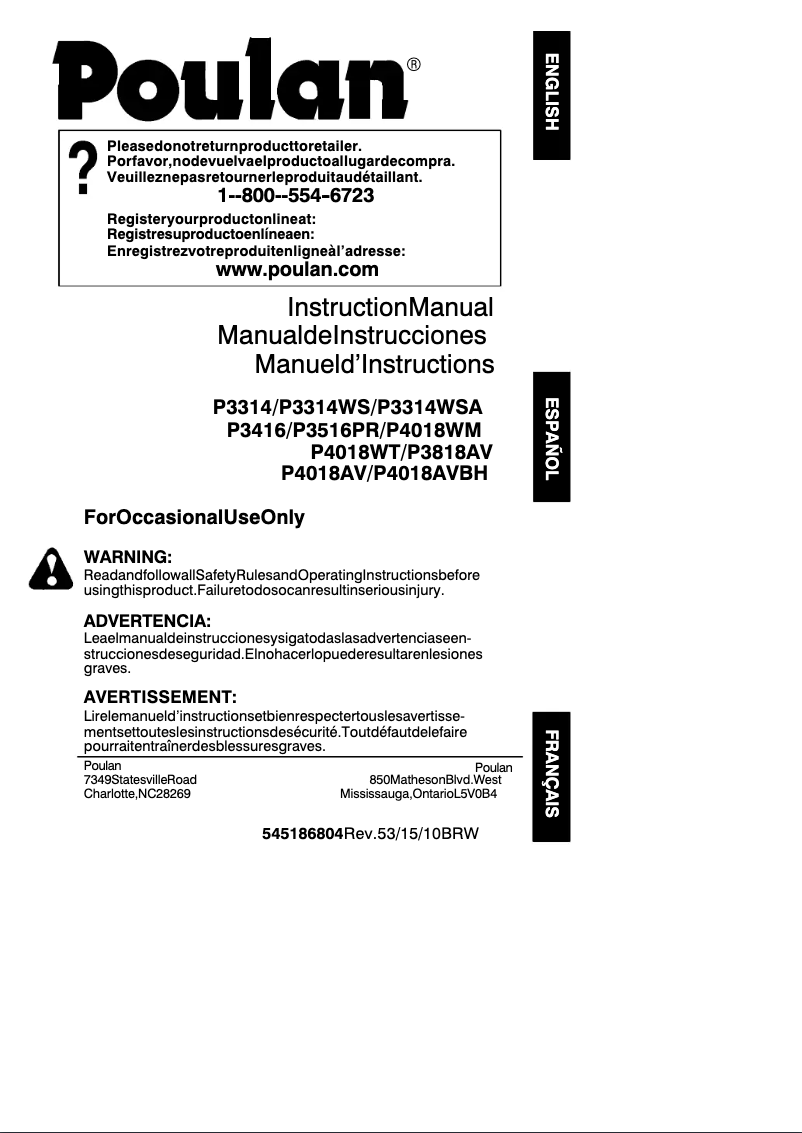 Page 1 of the manual User Manual Poulan P4018AV