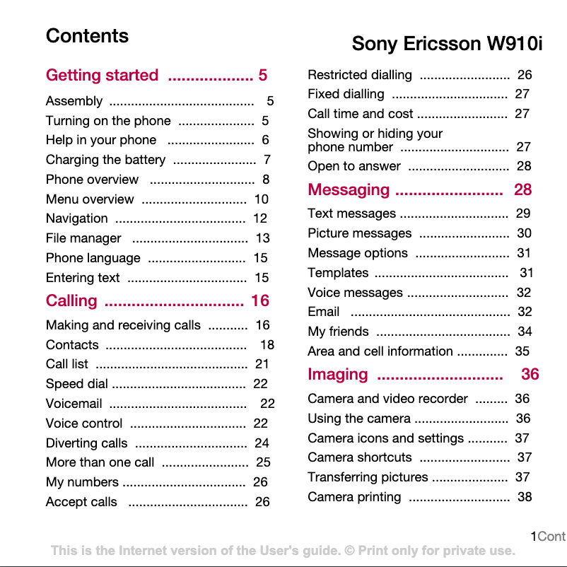 Page 1 of the manual User Manual Sony Ericsson W910
