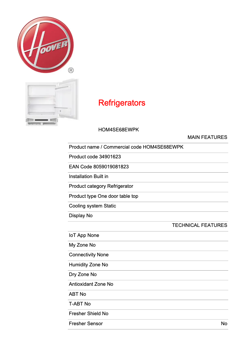 Page 1 of the manual Technical Sheet Hoover HOM4SE68EWPK