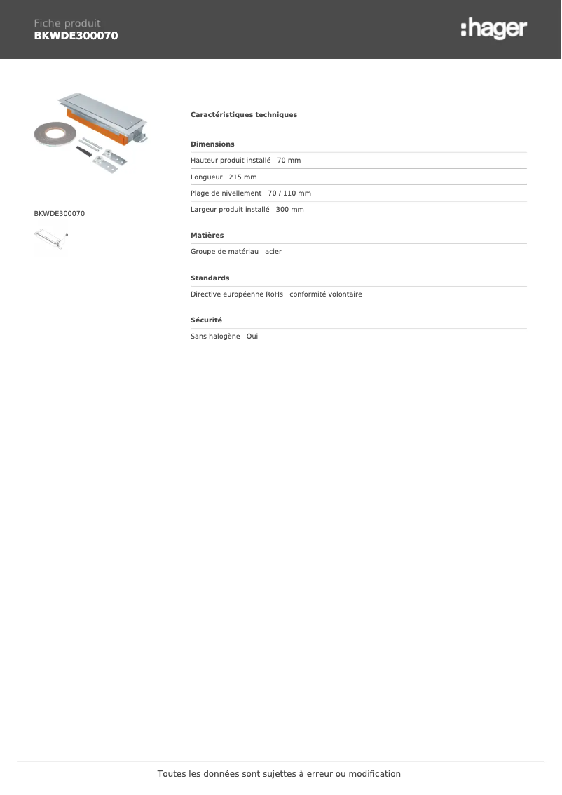 Page 1 de la notice Fiche technique Hager BKWDE300070