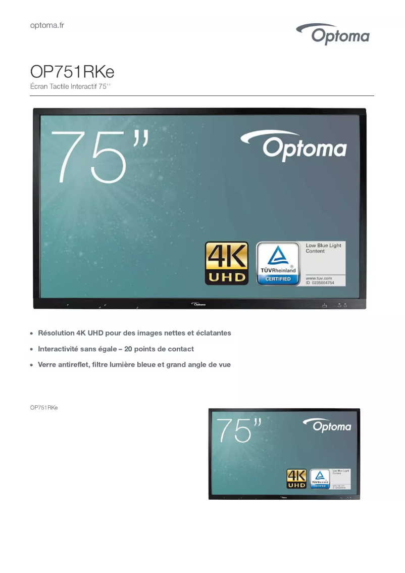 Page 1 de la notice Fiche technique Optoma OP751RKe
