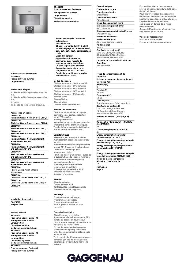 Page 1 de la notice Fiche technique Gaggenau BS454110