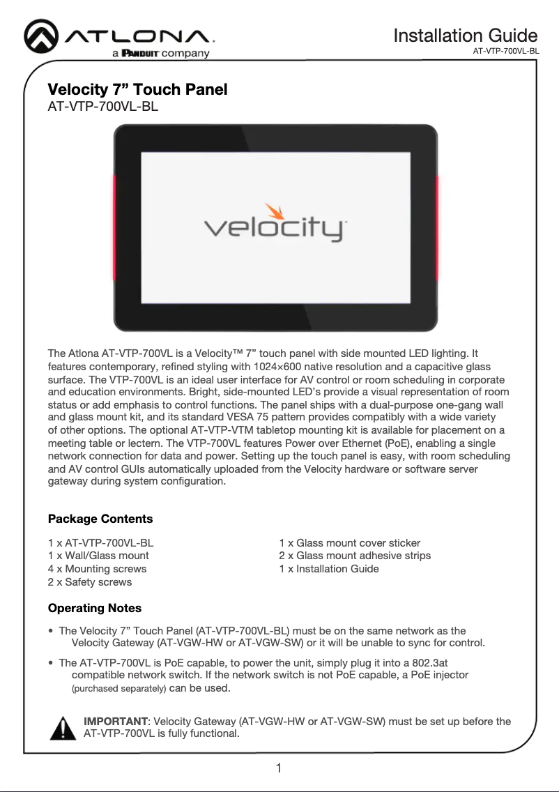 Page 1 of the manual User Manual Atlona AT-VTP-700VL