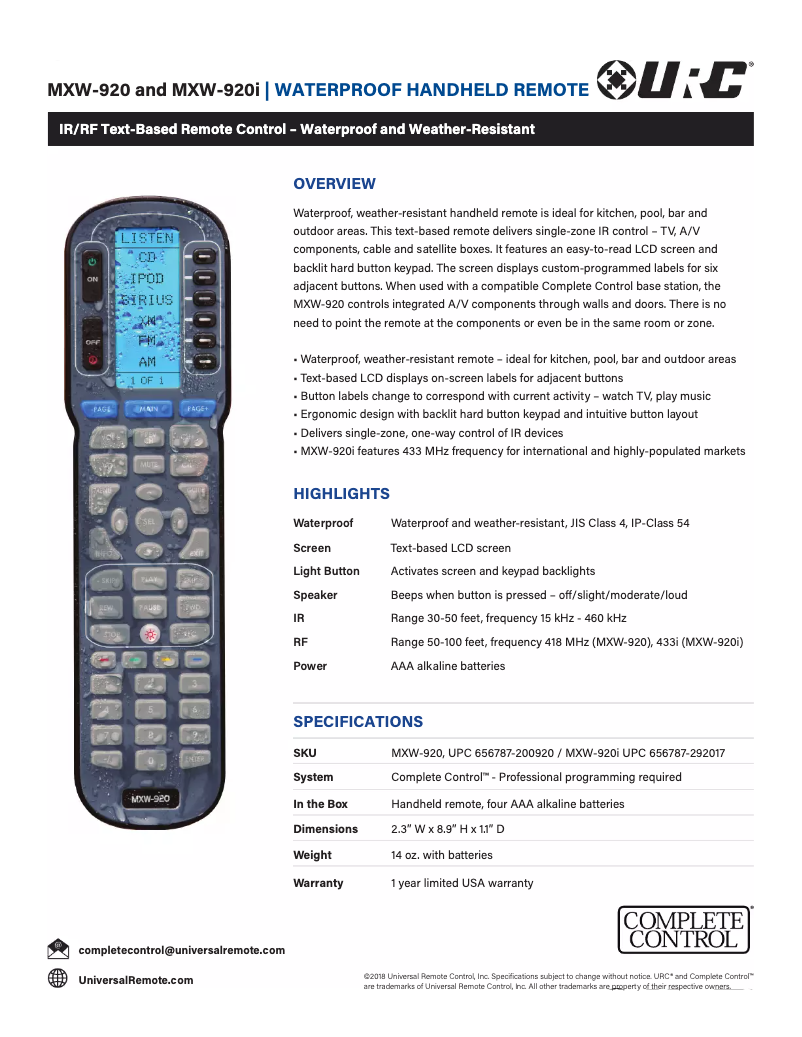 Page 1 de la notice Fiche technique Universal Remote Control MXW-920