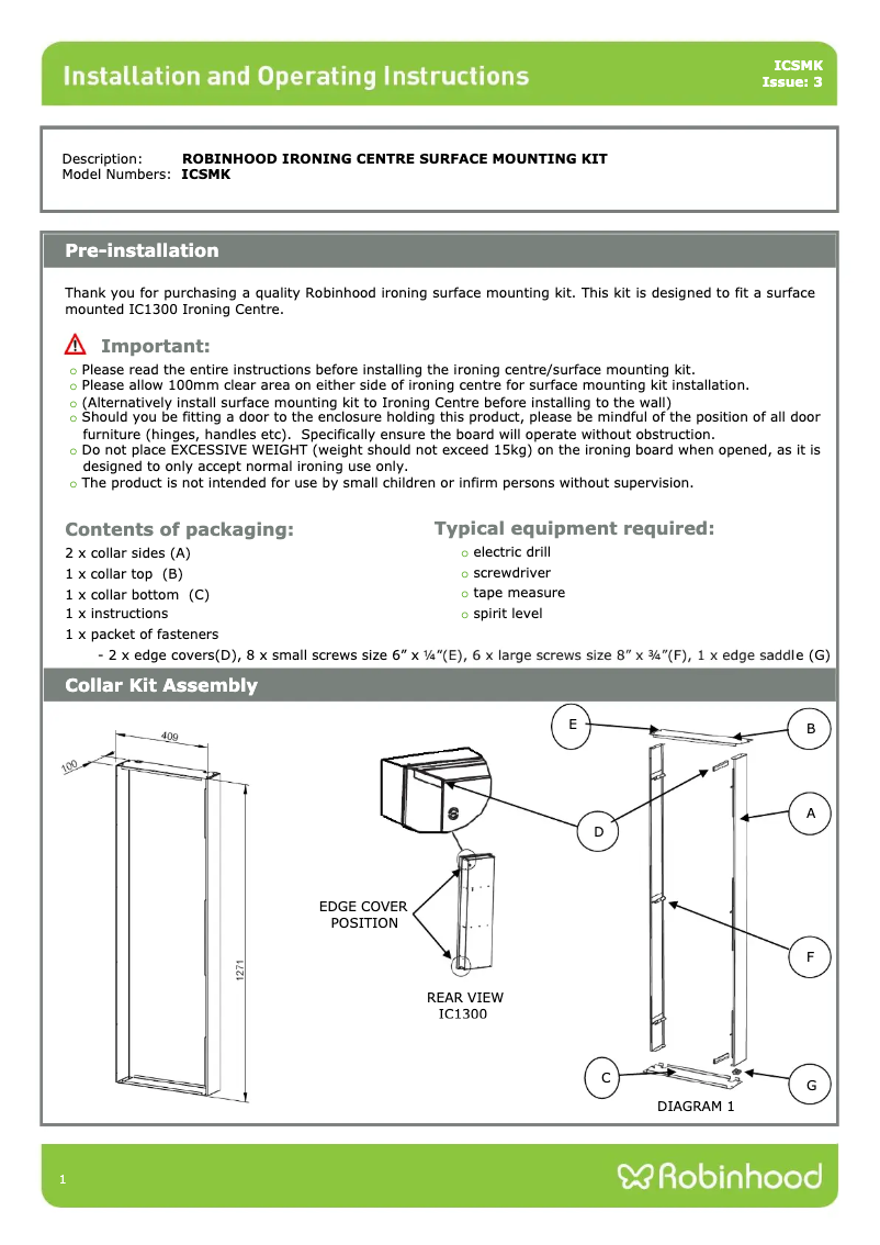 Page 1 de la notice Guide d'installation Robinhood ICSMK