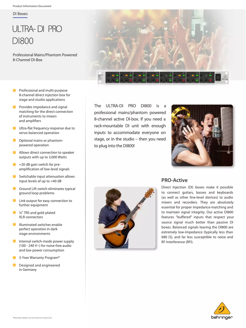 Page 1 de la notice Fiche technique Behringer Dultra-DI Pro DI800