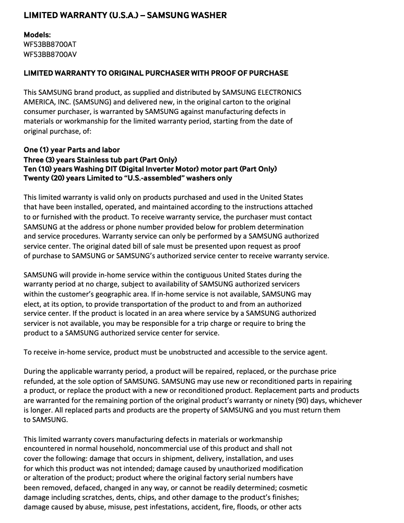 Página 1 del manual Información de garantía Samsung WF53BB8700AV