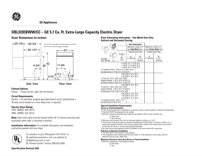 Página 1 del manual Ficha técnica GE DBL333EBWW