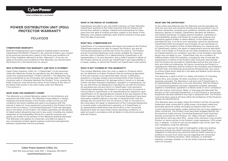 Página 1 del manual Información de garantía CyberPower PDU41009