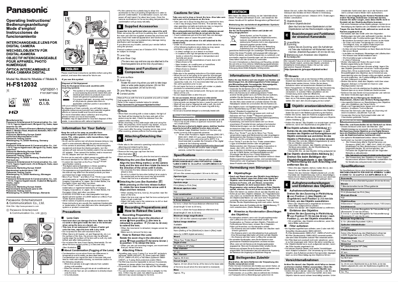 Page 1 de la notice Manuel utilisateur Panasonic Lumix H-FS12032E