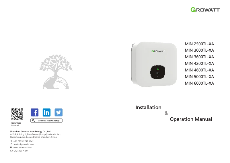 Page 1 de la notice Manuel utilisateur Growatt MIN 2500-5000TL-XA