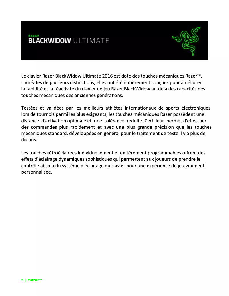 Page 1 de la notice Manuel utilisateur Razer BlackWidow Ultimate 2016