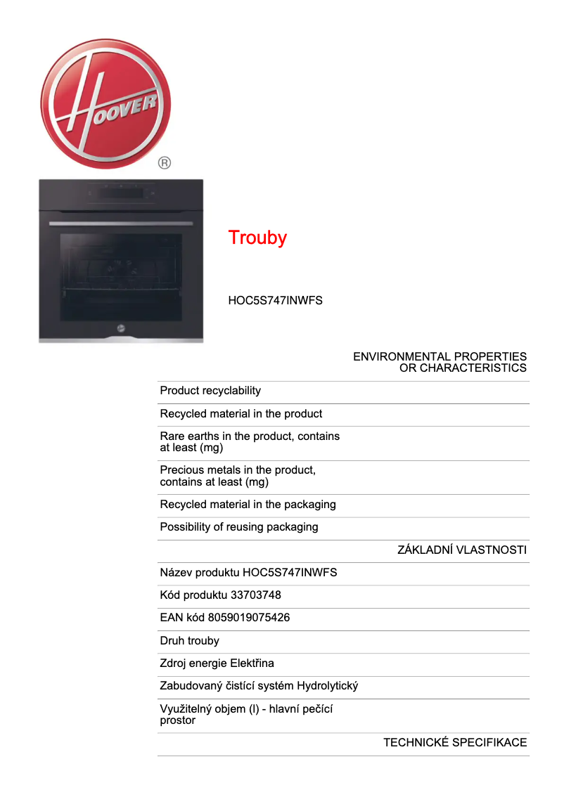 Página 1 del manual Ficha técnica Hoover HOC5S747INWFS