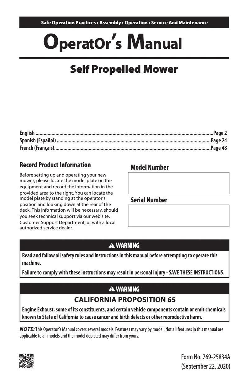 Page 1 de la notice Manuel utilisateur Troy-Bilt TB310B XP