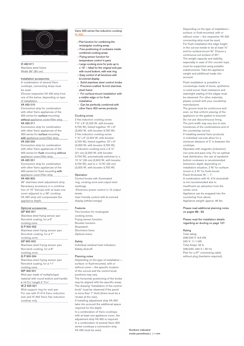 Page 1 de la notice Fiche technique Gaggenau VI492611