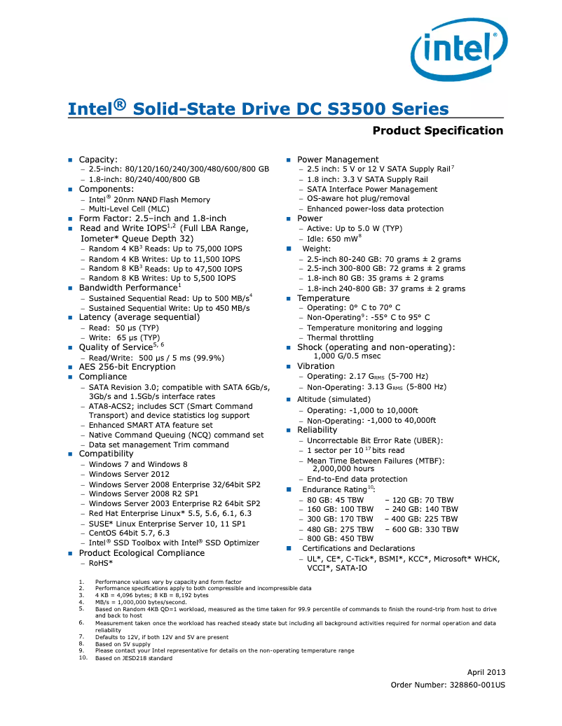 Page 1 de la notice Manuel utilisateur Intel DC S3500