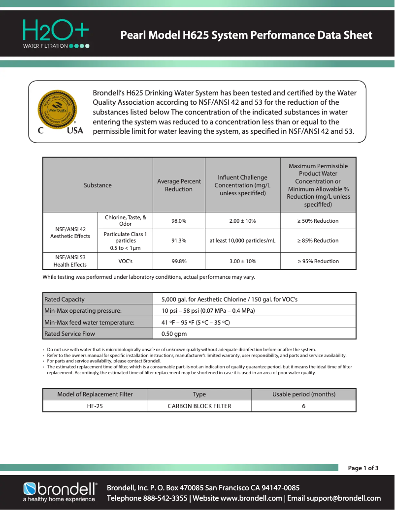 Page 1 de la notice Fiche technique Brondell H625