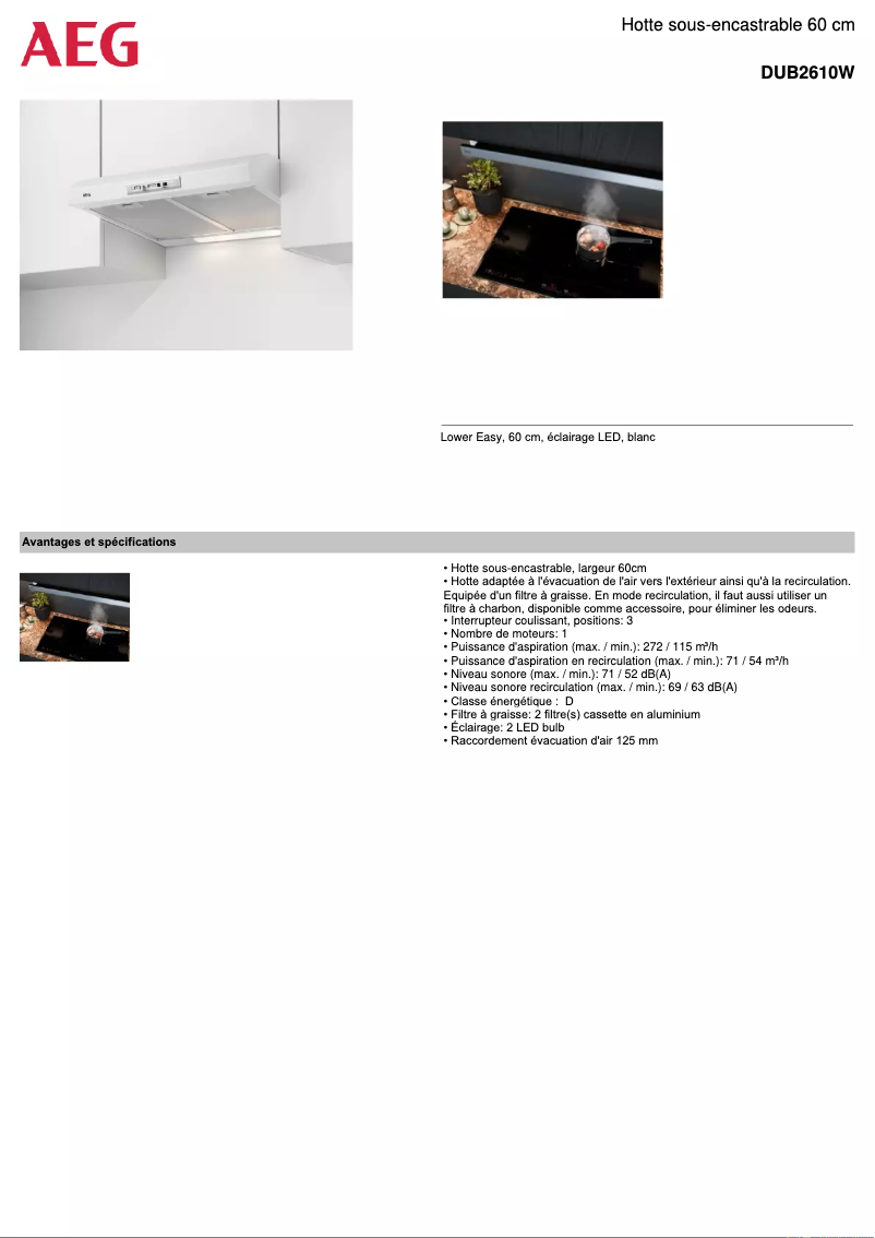 Page 1 de la notice Fiche technique AEG DUB2610W