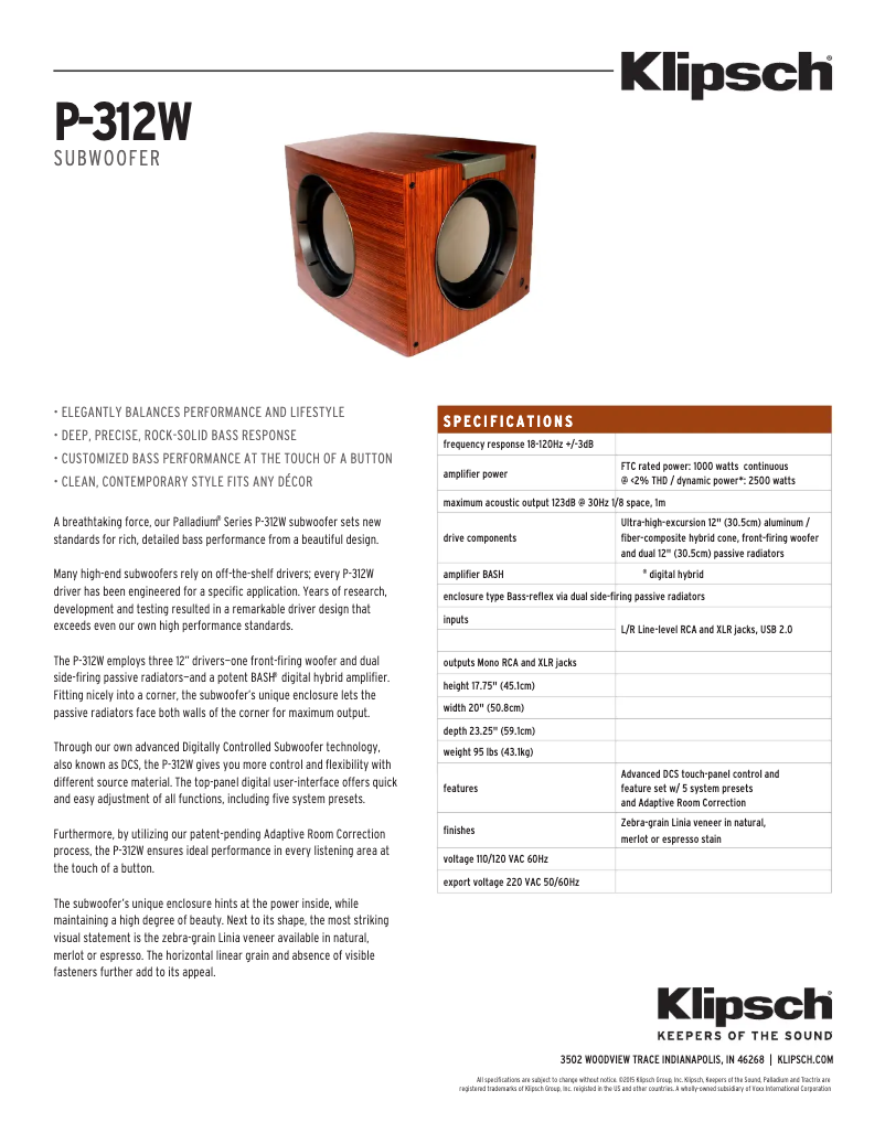 Page 1 de la notice Fiche technique Klipsch P-312W