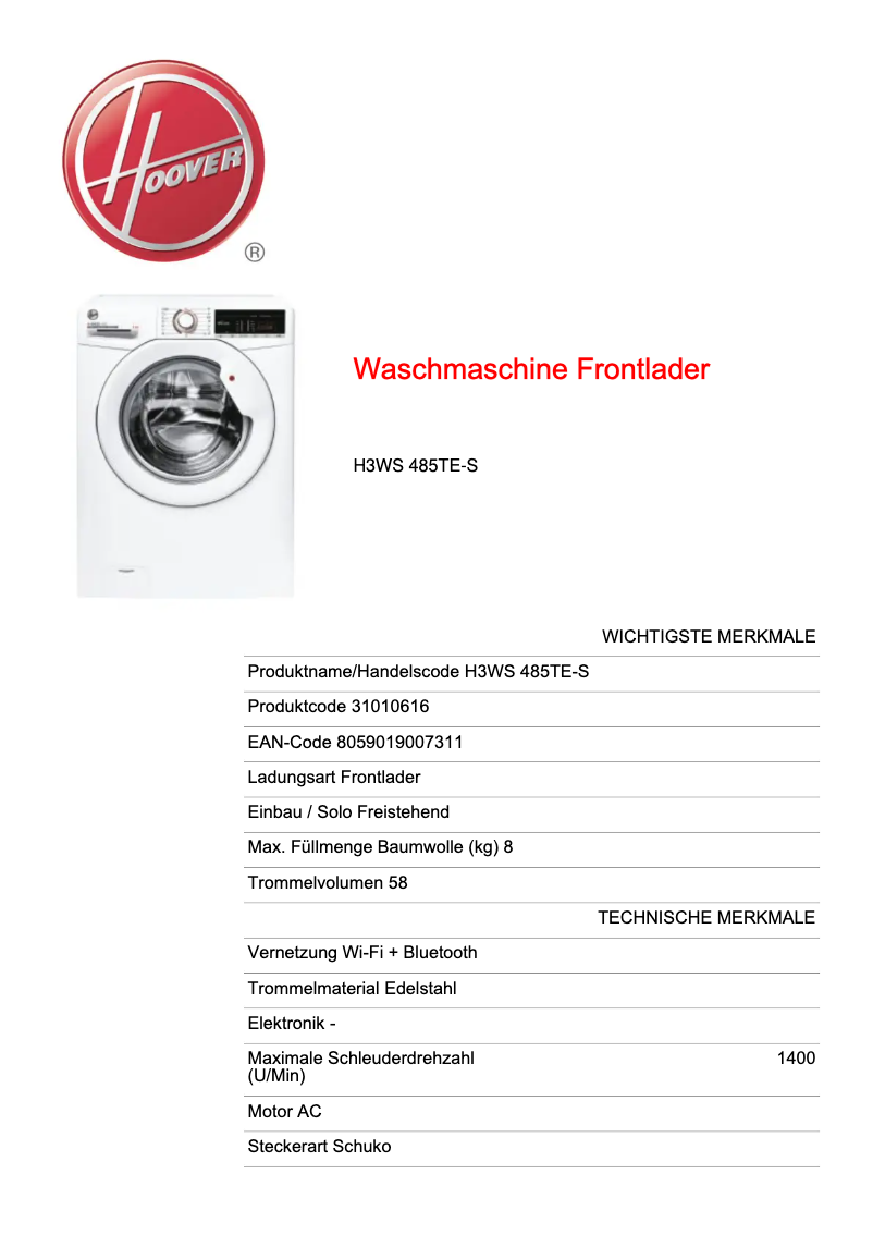 Página 1 del manual Ficha técnica Hoover H3WS 485TE-S