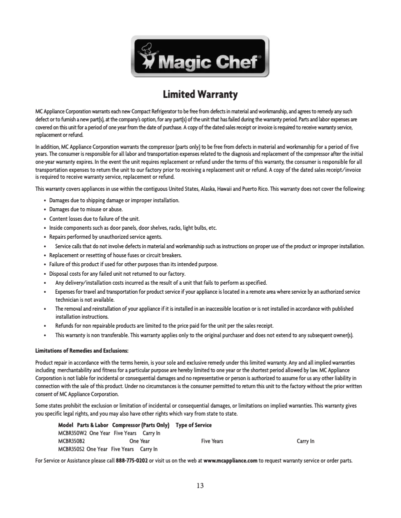 Page 1 de la notice Informations de garantie Magic Chef MCBR350S2