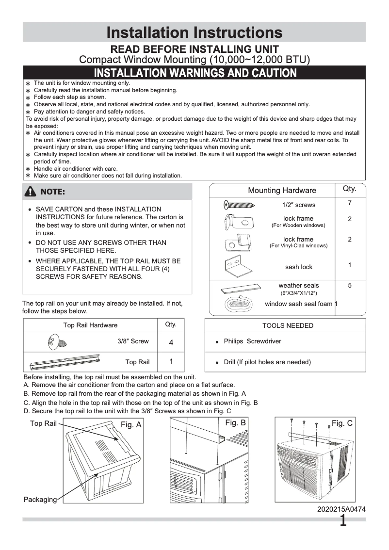 Page 1 de la notice Guide d'installation Frigidaire LRA127CT1