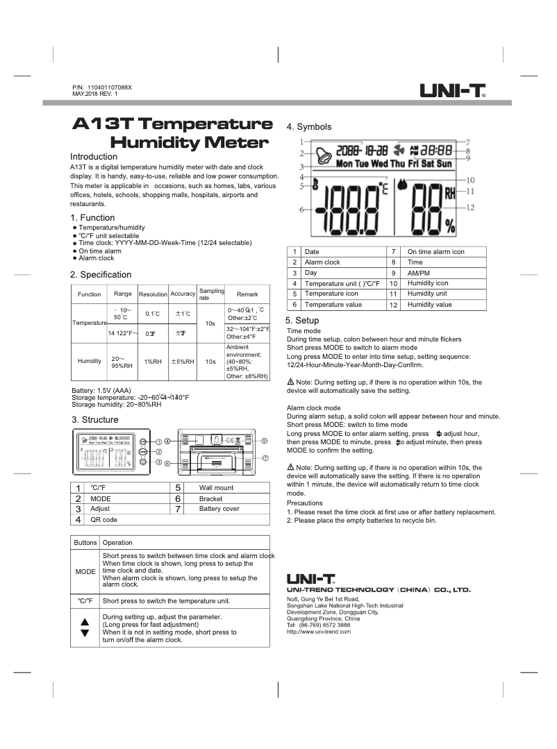 Page 1 de la notice Manuel utilisateur Uni-T A13T