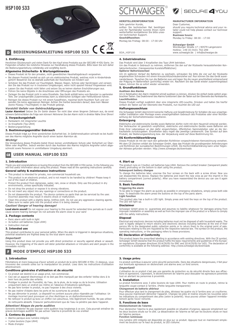 Page 1 de la notice Manuel utilisateur Schwaiger HSP100 533